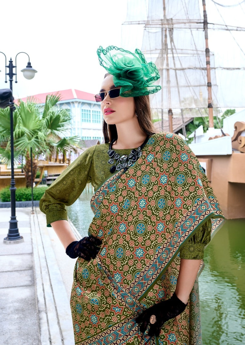 Women Mehendi Green Satin Silk Desi Saree