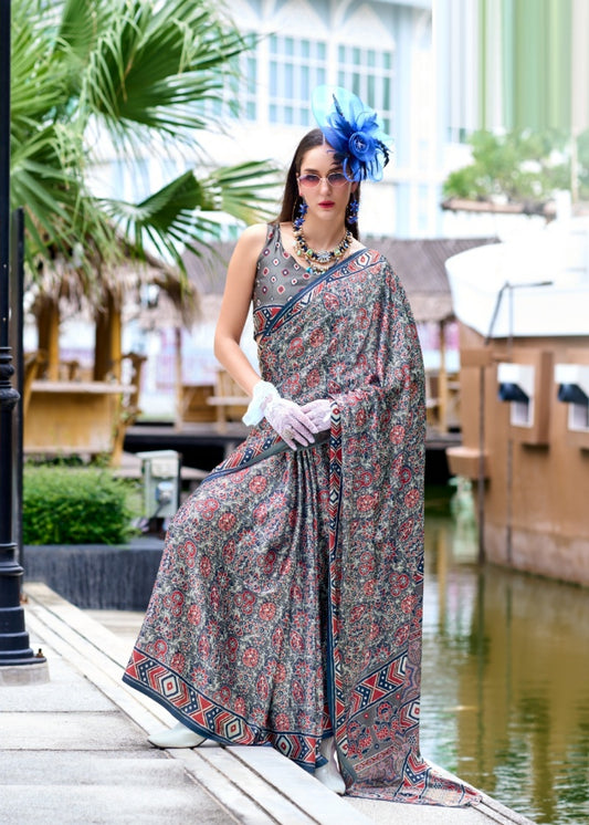 Women Navy Blue Satin Silk Desi Saree