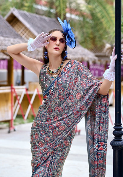 Women Navy Blue Satin Silk Desi Saree