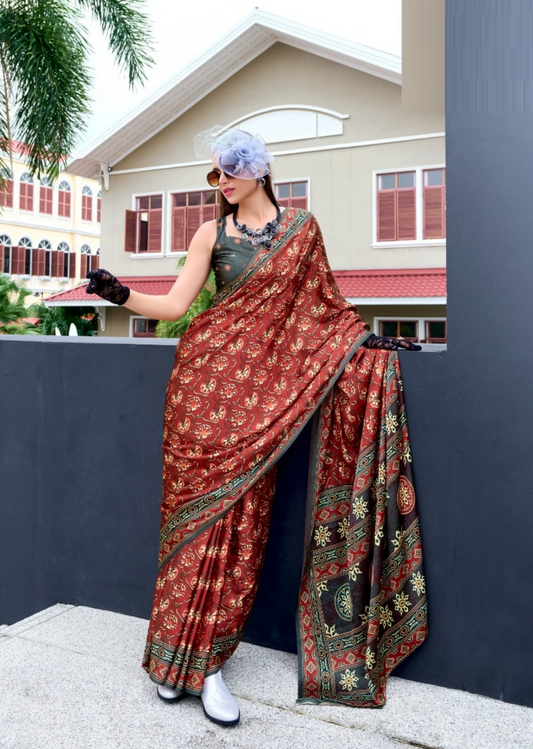 Women Maroon Satin Silk Desi Saree