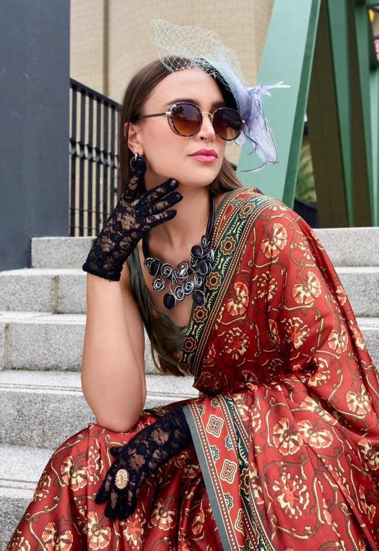 Women Maroon Satin Silk Desi Saree