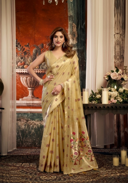 Women Beige Tissue Paithani Silk Saree