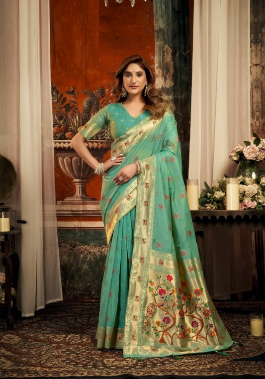 Women Sea Blue Tissue Paithani Silk Saree