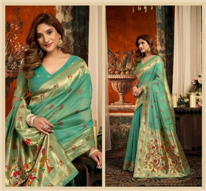 Women Sea Blue Tissue Paithani Silk Saree
