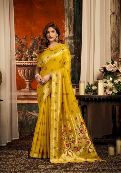 Women Yellow Tissue Paithani Silk Saree
