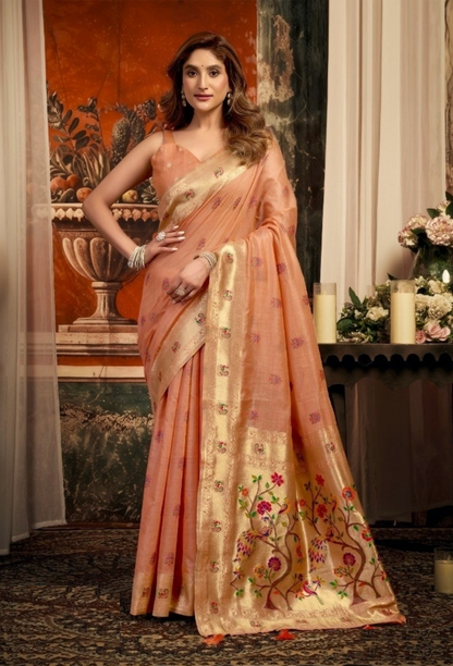 Women Peach Tissue Paithani Silk Saree