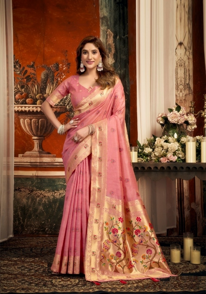Women Pink Tissue Paithani Silk Saree