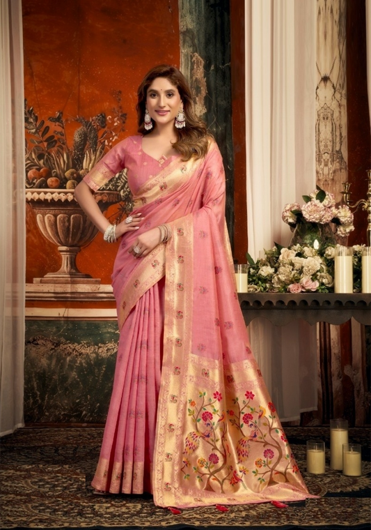 Women Pink Tissue Paithani Silk Saree
