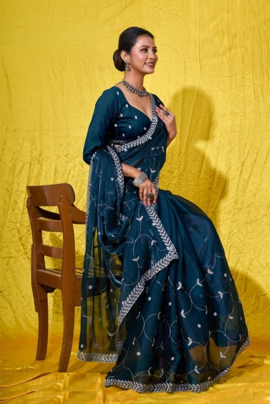 Women Dark Teal Burberry Zari With Sequins Embroidery Work Silk Saree