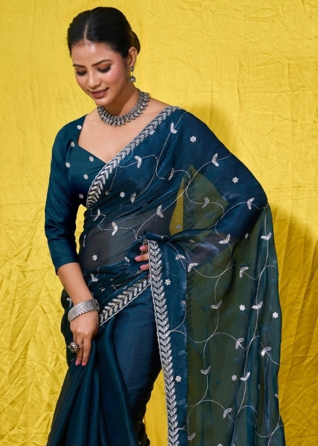 Women Dark Teal Burberry Zari With Sequins Embroidery Work Silk Saree
