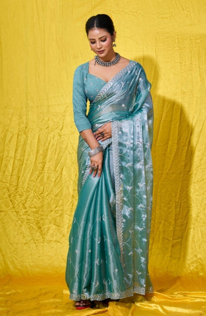 Women Blue Burberry Zari With Sequins Embroidery Work Silk Saree