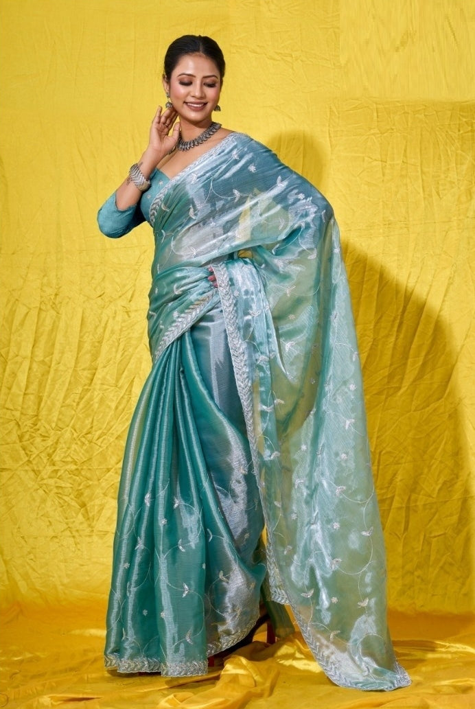 Women Blue Burberry Zari With Sequins Embroidery Work Silk Saree