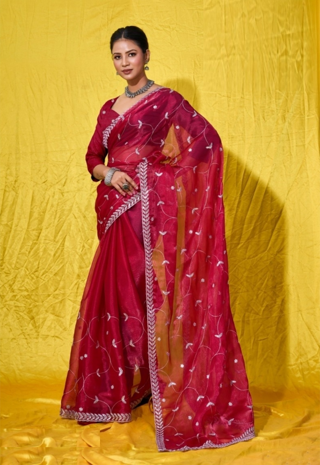 Women Maroon Burberry Zari With Sequins Embroidery Work Silk Saree