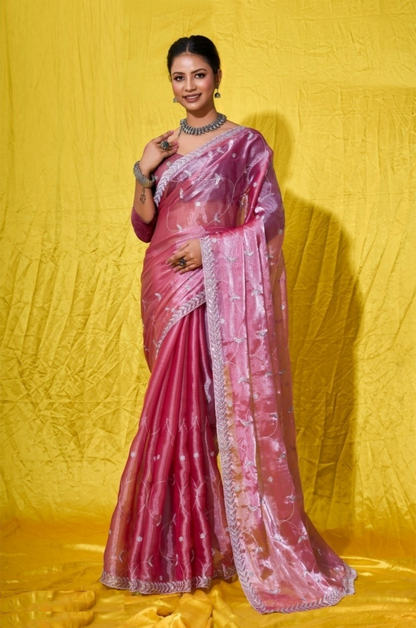 Women Pink Burberry Zari With Sequins Embroidery Work Silk Saree