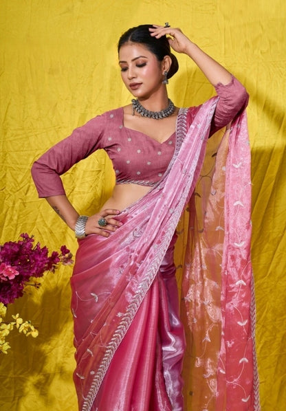 Women Pink Burberry Zari With Sequins Embroidery Work Silk Saree