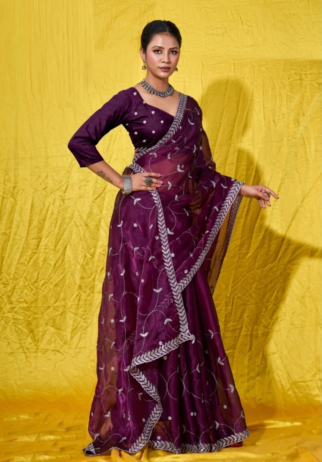 Women Purple Burberry Zari With Sequins Embroidery Work Silk Saree