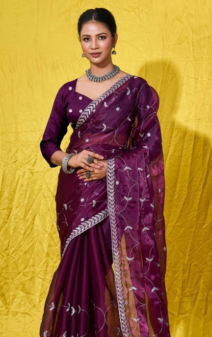 Women Purple Burberry Zari With Sequins Embroidery Work Silk Saree
