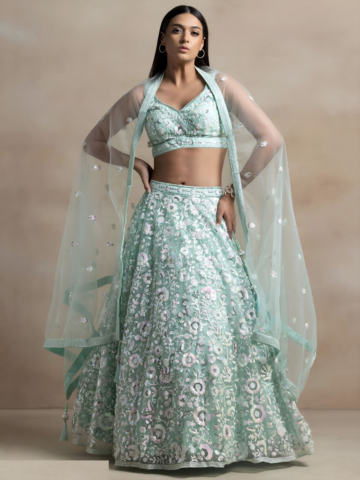 Iconic Sea Blue Net Thread Multiple Sequins Embroidery Work Stylish Lehenga