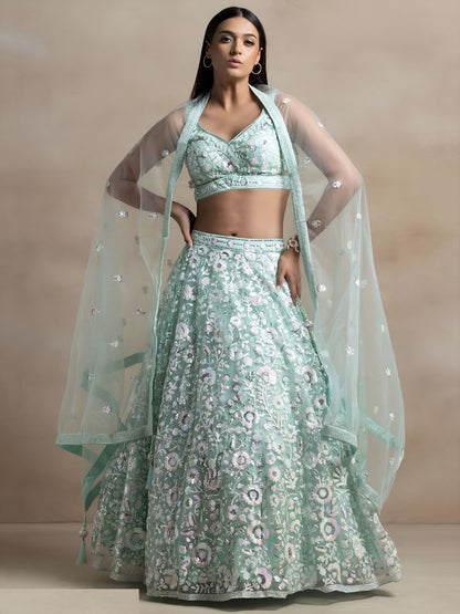 Iconic Sea Blue Net Thread Multiple Sequins Embroidery Work Stylish Lehenga
