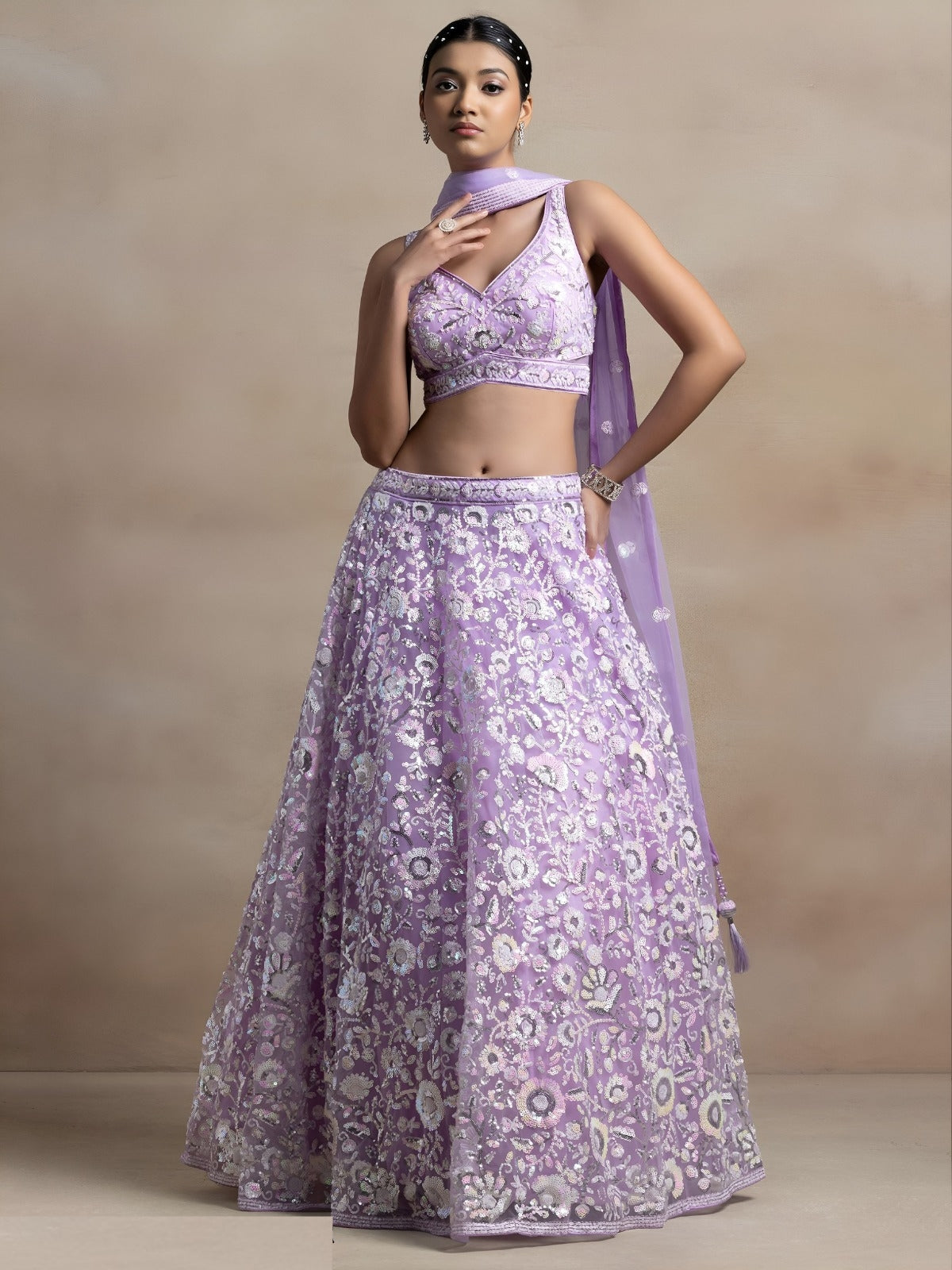Sumptuous Lilac Net Thread Multiple Sequins Embroidery Work Stylish Lehenga