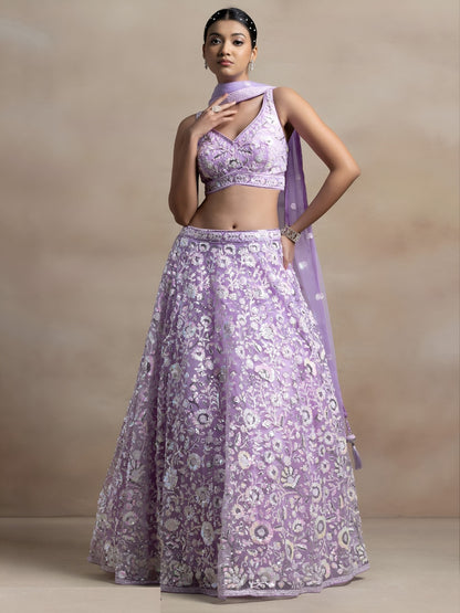 Sumptuous Lilac Net Thread Multiple Sequins Embroidery Work Stylish Lehenga
