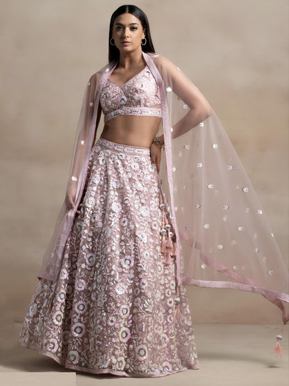 Statement-Making Mauve Net Thread Multiple Sequins Embroidery Work Stylish Lehenga