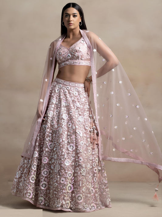 Statement-Making Mauve Net Thread Multiple Sequins Embroidery Work Stylish Lehenga