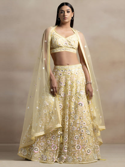 Couture Lime Yellow Net Thread Multiple Sequins Embroidery Work Stylish Lehenga
