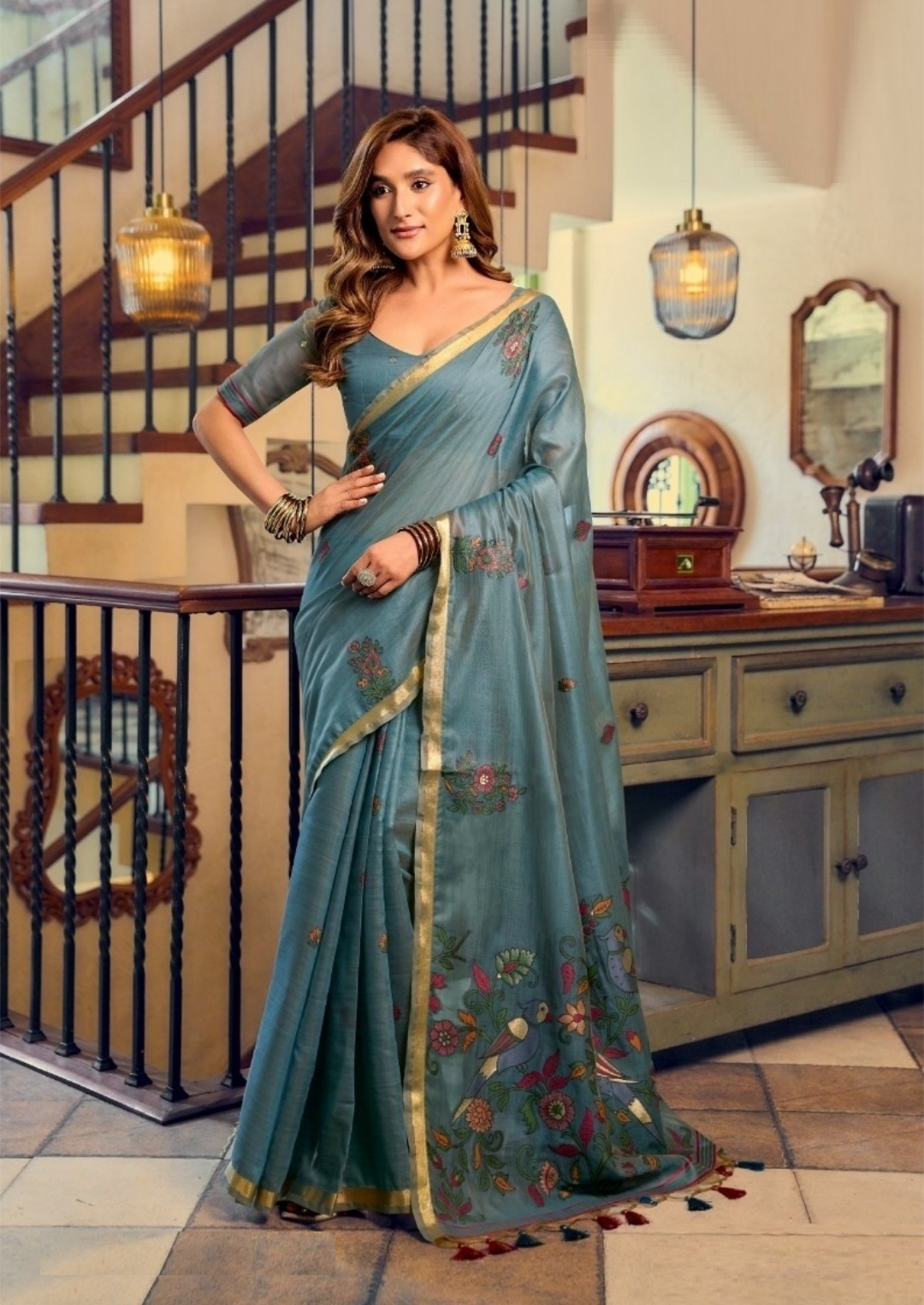 Women Steel Blue Cotton Handloom Saree
