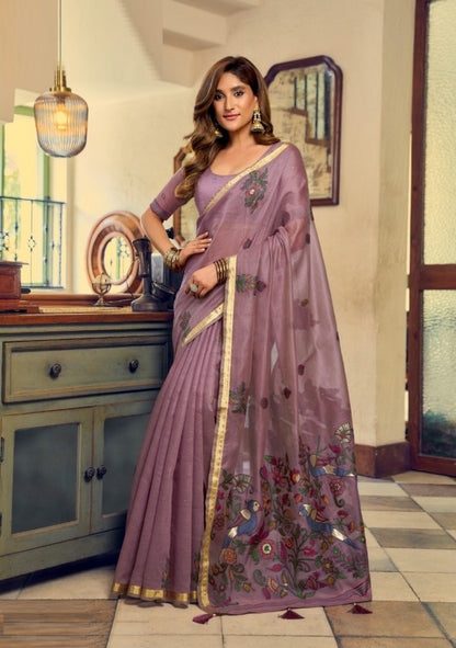 Women Lilac Cotton Handloom Saree