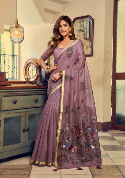Women Lilac Cotton Handloom Saree