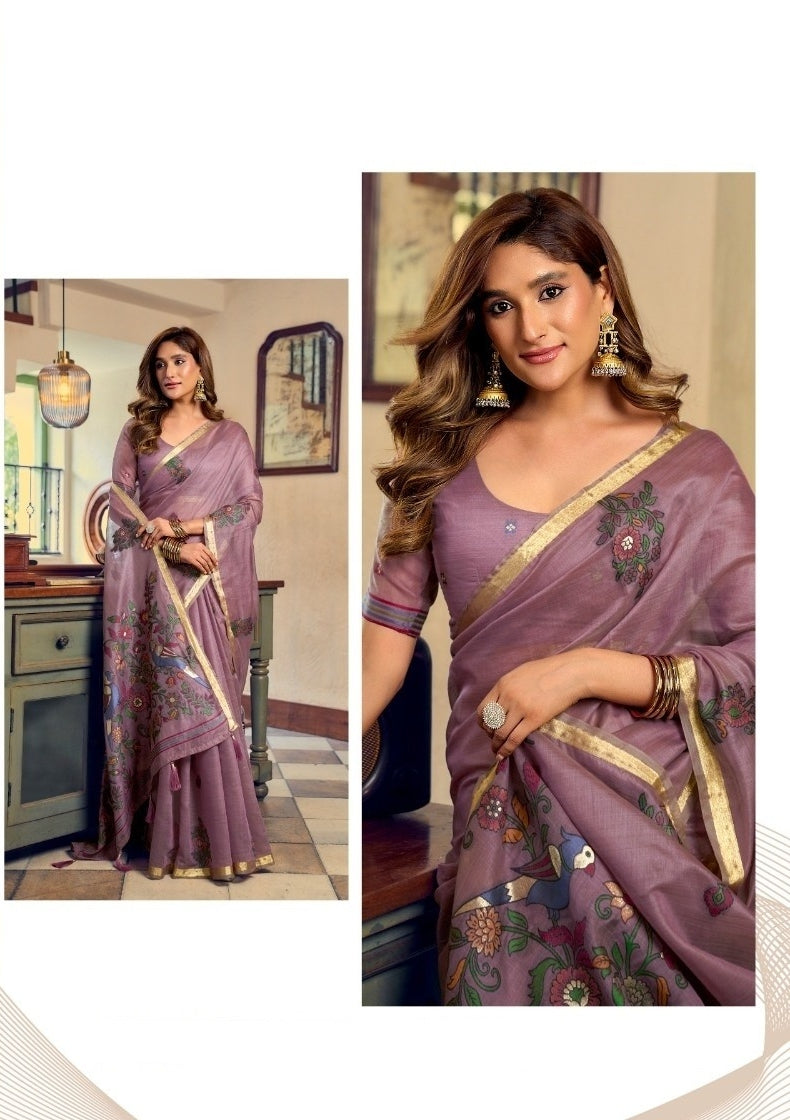 Women Lilac Cotton Handloom Saree