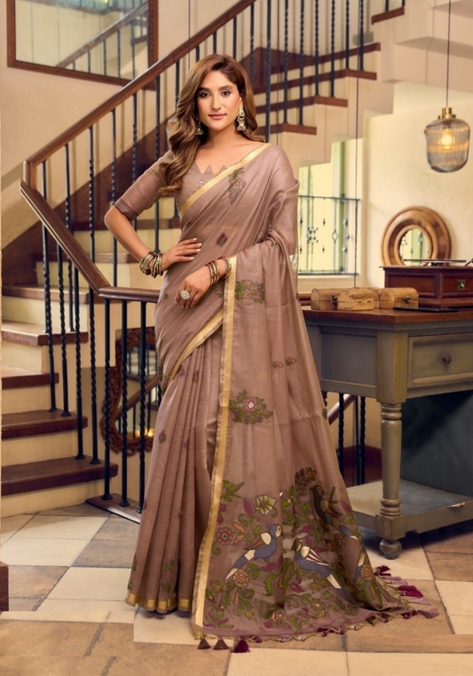 Women Light Brown Cotton Handloom Saree