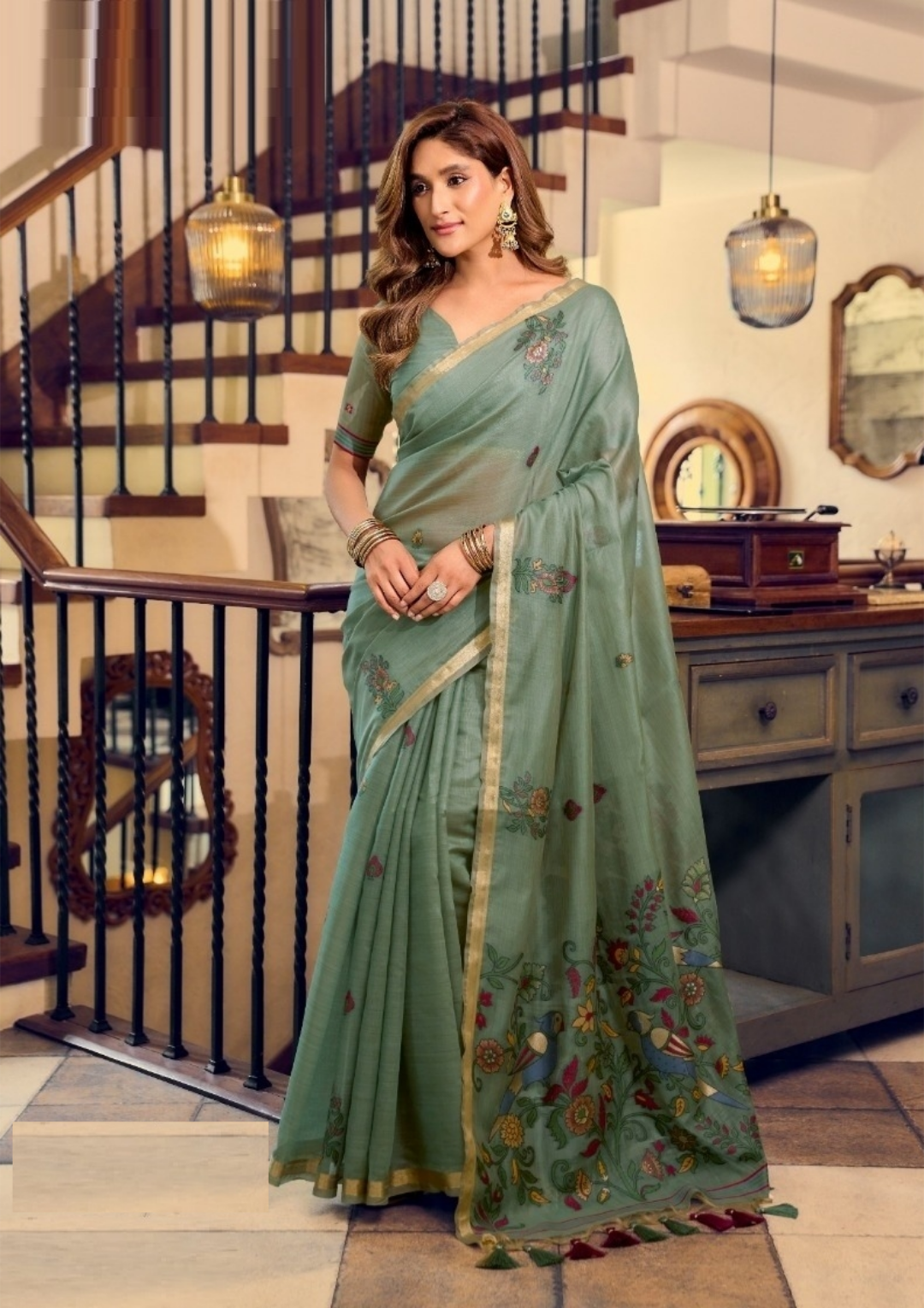 Women Sea Green Cotton Handloom Saree