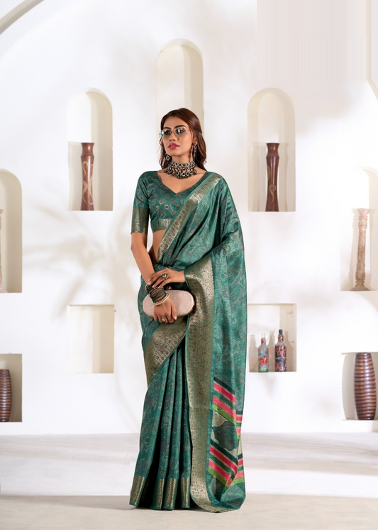 Women Teal Silk Traditional Saree