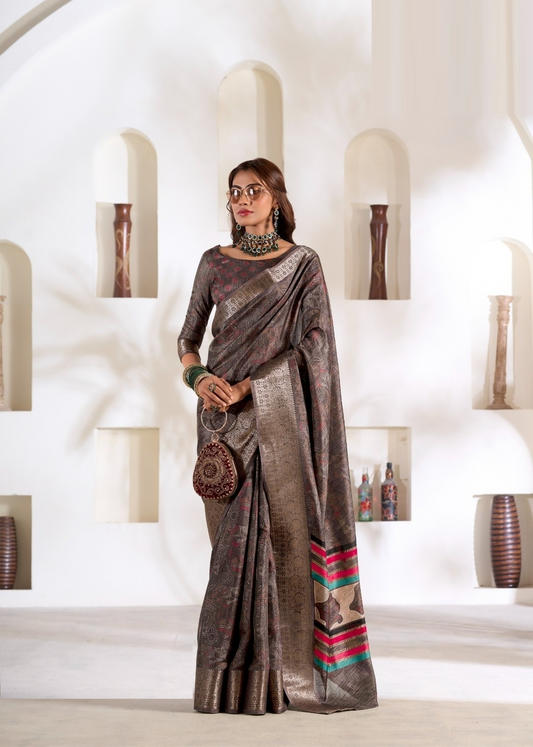 Women Dark Grey Silk Traditional Saree