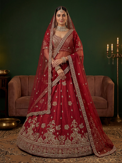 Luxe Maroon Gadhwal Silk Thread Embroidery Sequins Work Lehengas With Double Dupatta
