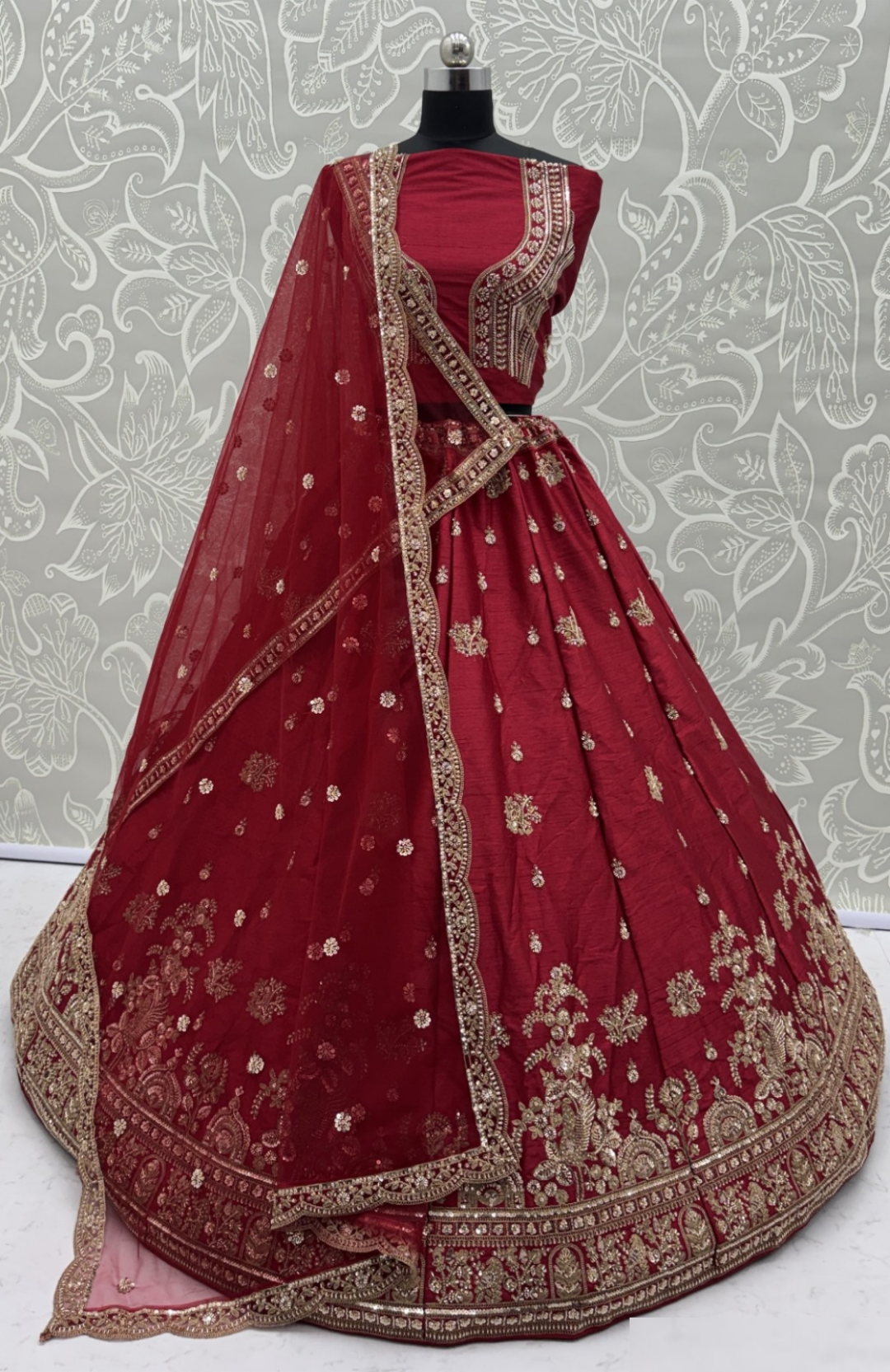 Luxe Maroon Gadhwal Silk Thread Embroidery Sequins Work Lehengas With Double Dupatta
