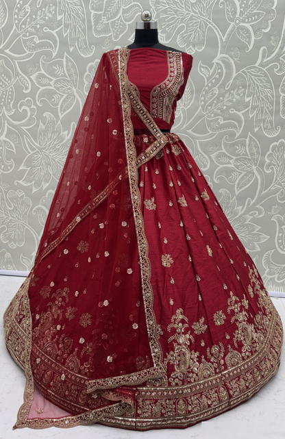 Luxe Maroon Gadhwal Silk Thread Embroidery Sequins Work Lehengas With Double Dupatta