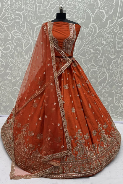 Immaculate Rust Gadhwal Silk Thread Embroidery Sequins Work Lehengas With Double Dupatta