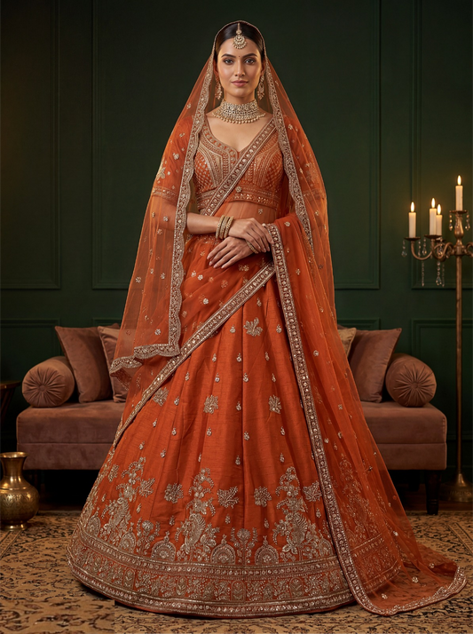 Immaculate Rust Gadhwal Silk Thread Embroidery Sequins Work Lehengas With Double Dupatta