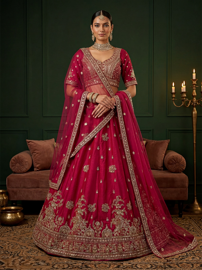 Vivid Dark Pink Gadhwal Silk Thread Embroidery Sequins Work Lehengas With Double Dupatta