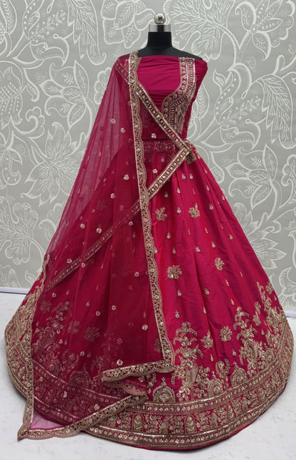 Vivid Dark Pink Gadhwal Silk Thread Embroidery Sequins Work Lehengas With Double Dupatta
