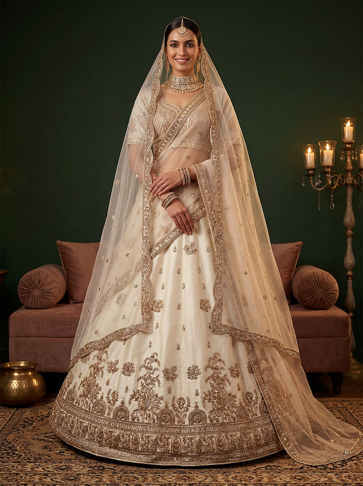 Sculpted Off White Gadhwal Silk Thread Embroidery Sequins Work Lehengas With Double Dupatta