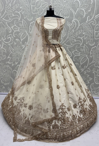 Sculpted Off White Gadhwal Silk Thread Embroidery Sequins Work Lehengas With Double Dupatta