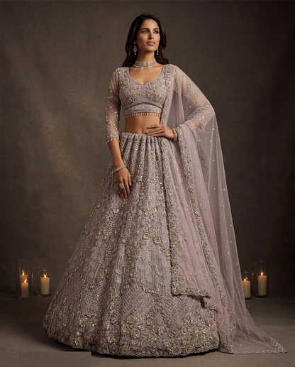 Radiant Lilac Net Multi Thread Embroidery Sequins Zicorn Diamond Work Bridal Lehenga