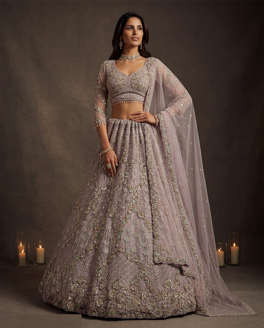 Radiant Lilac Net Multi Thread Embroidery Sequins Zicorn Diamond Work Bridal Lehenga