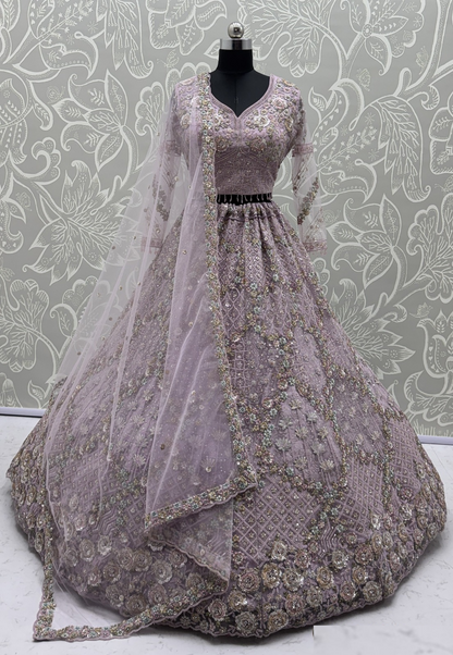 Radiant Lilac Net Multi Thread Embroidery Sequins Zicorn Diamond Work Bridal Lehenga