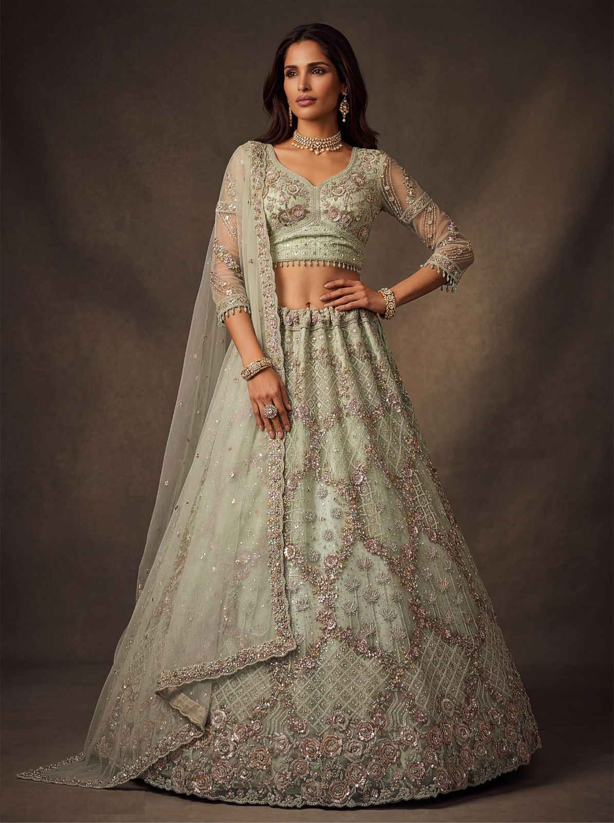 Breathtaking Sea Green Net Multi Thread Embroidery Sequins Zicorn Diamond Work Bridal Lehenga