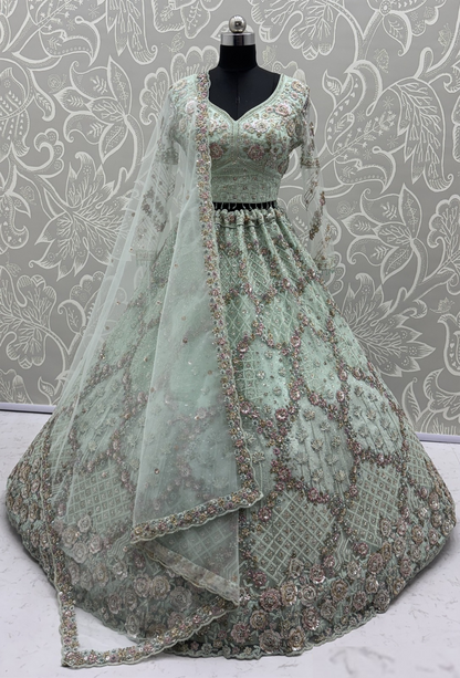 Breathtaking Sea Green Net Multi Thread Embroidery Sequins Zicorn Diamond Work Bridal Lehenga